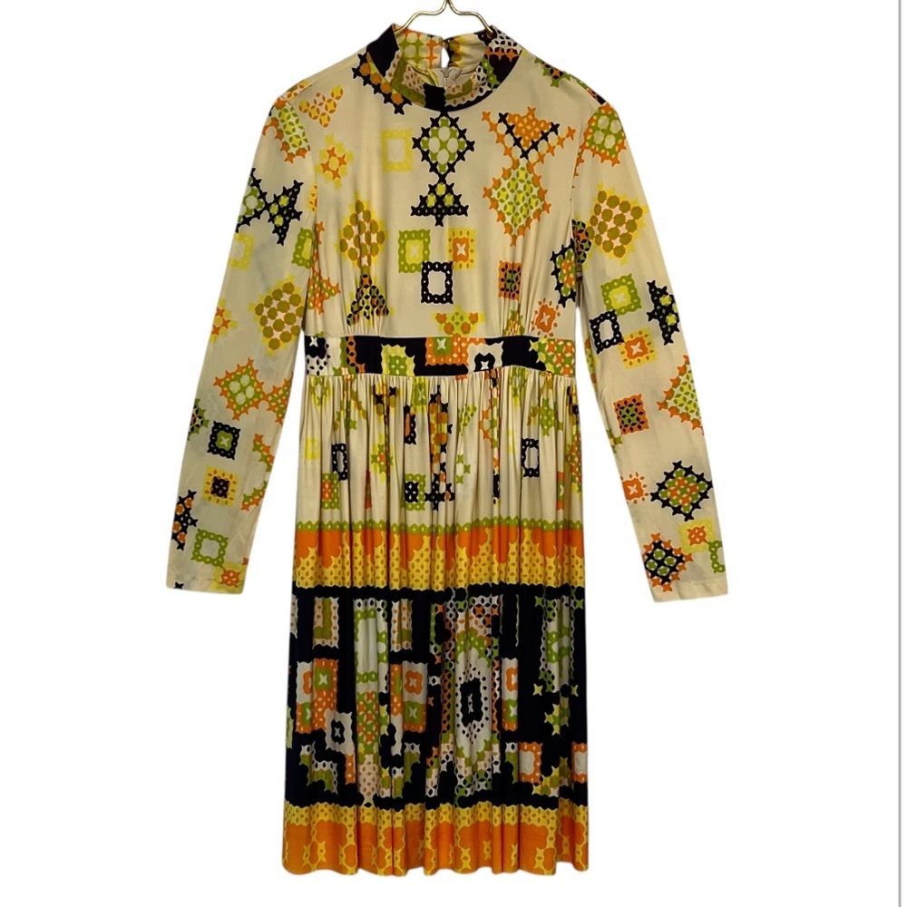 Vintage 60s 70s Geometric Print Empire Waist Long Sleeve Dress
